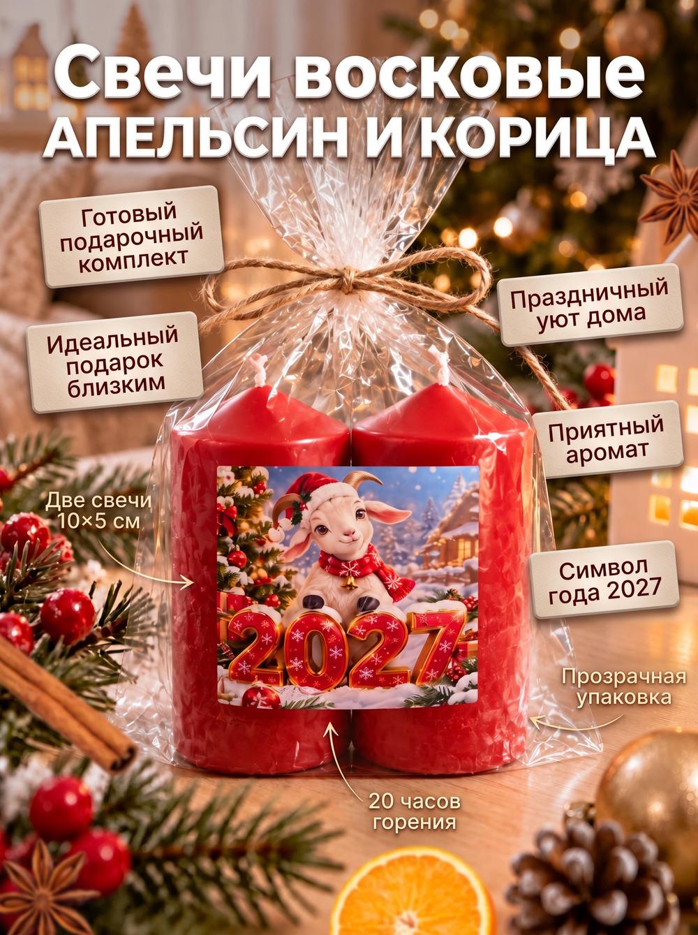 Свечи новогодние красные, Апельсин и корица, 10х5 см. 2 штуки