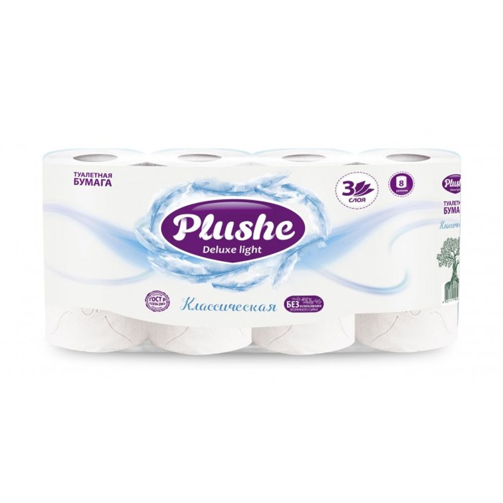 Туалетная бумага Plushe Deluxe Light классическая 3сл 8рул 8шт 15м