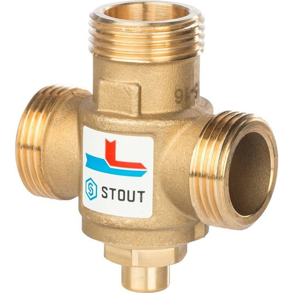 STOUT Термостатический смесительный клапан для твердотопливных котлов 1 1/2" ВР x 1" НР x 1 1/2" ВР 60°С KV 3,2