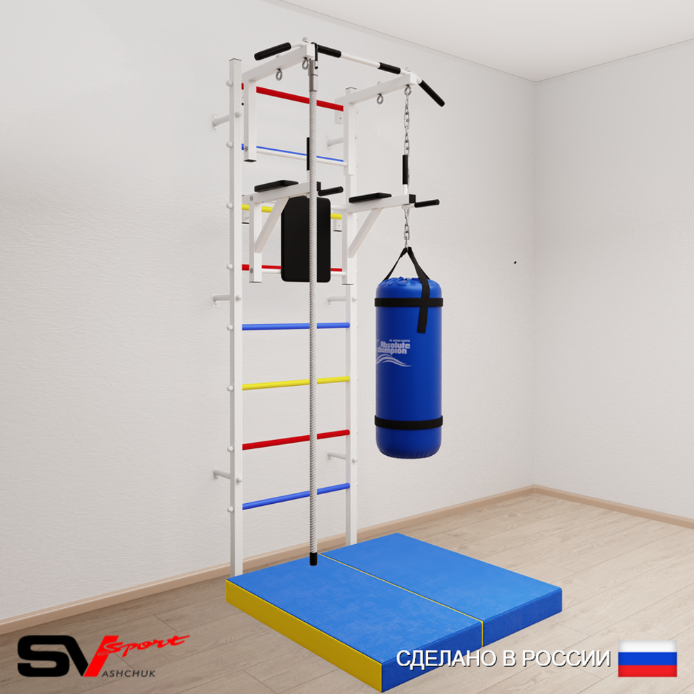 Шведская стенка Sv Sport усиленная 6707 (Турник стандарт/Брусья/Канат/Цепь/Мешок 30кг/Мат 1м)