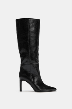 ZARA КОЖАНЫЕ САПОГИ НА КАБЛУКЕ, ЧЕРНЫЙ