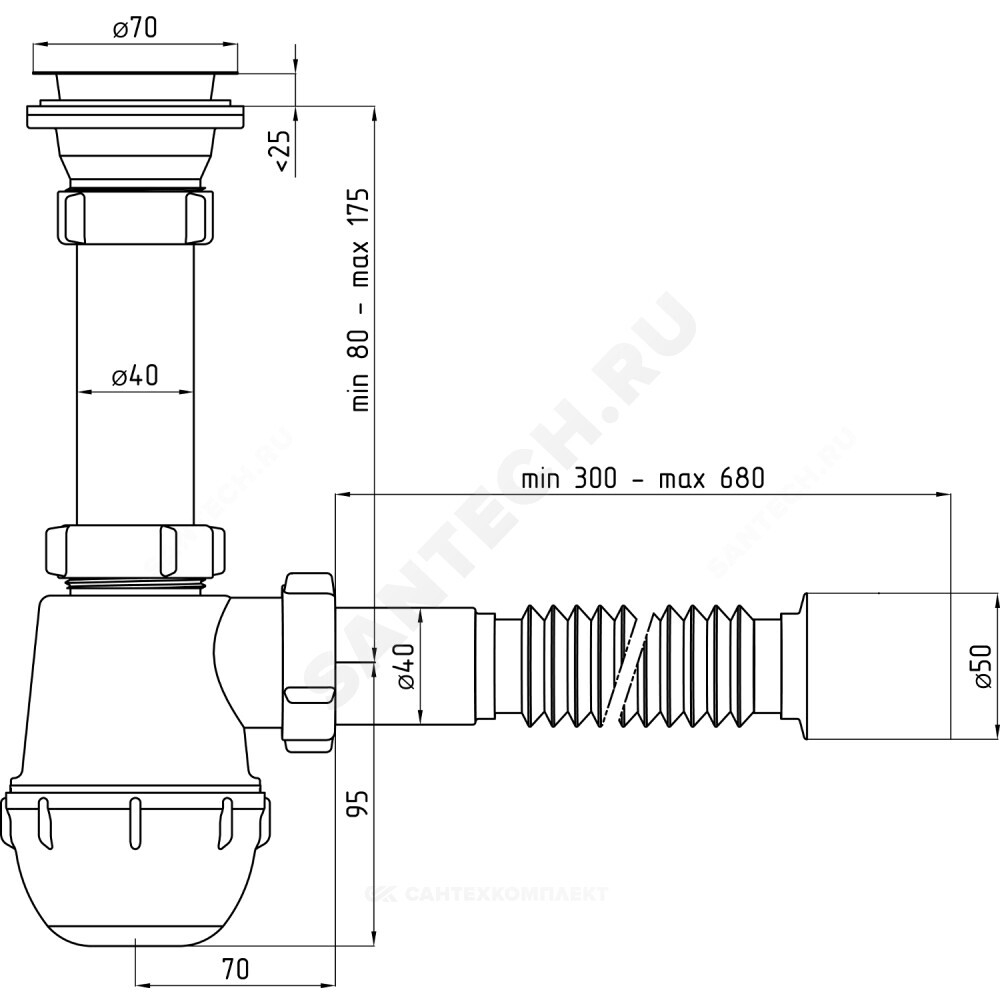 Сифон для умывальника/мойки бутылочный 1 1/2"x40 с гофрой 40х50 литой выпуск с нержавеющей решёткой D=70мм Ани Грот АНИ Пласт A0510