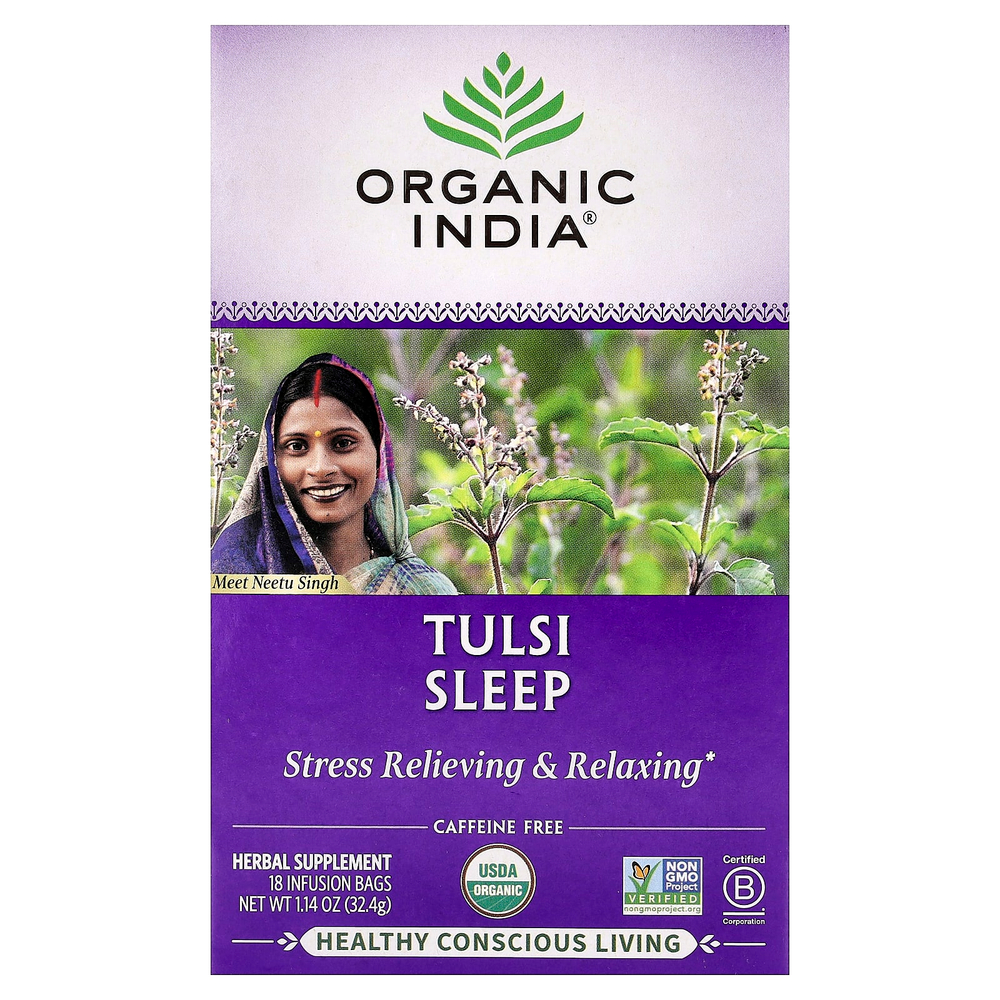 Organic India, чай из тулси для засыпания, без кофеина, 18 пакетиков для заваривания, 32,4 г (1,14 унции)
