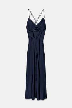 ZARA АТЛАСНОЕ ПЛАТЬЕ В БЕЛЬЕВОМ СТИЛЕ С ЗОЛОТИСТОЙ ФУРНИТУРОЙ, СИНИЙ
