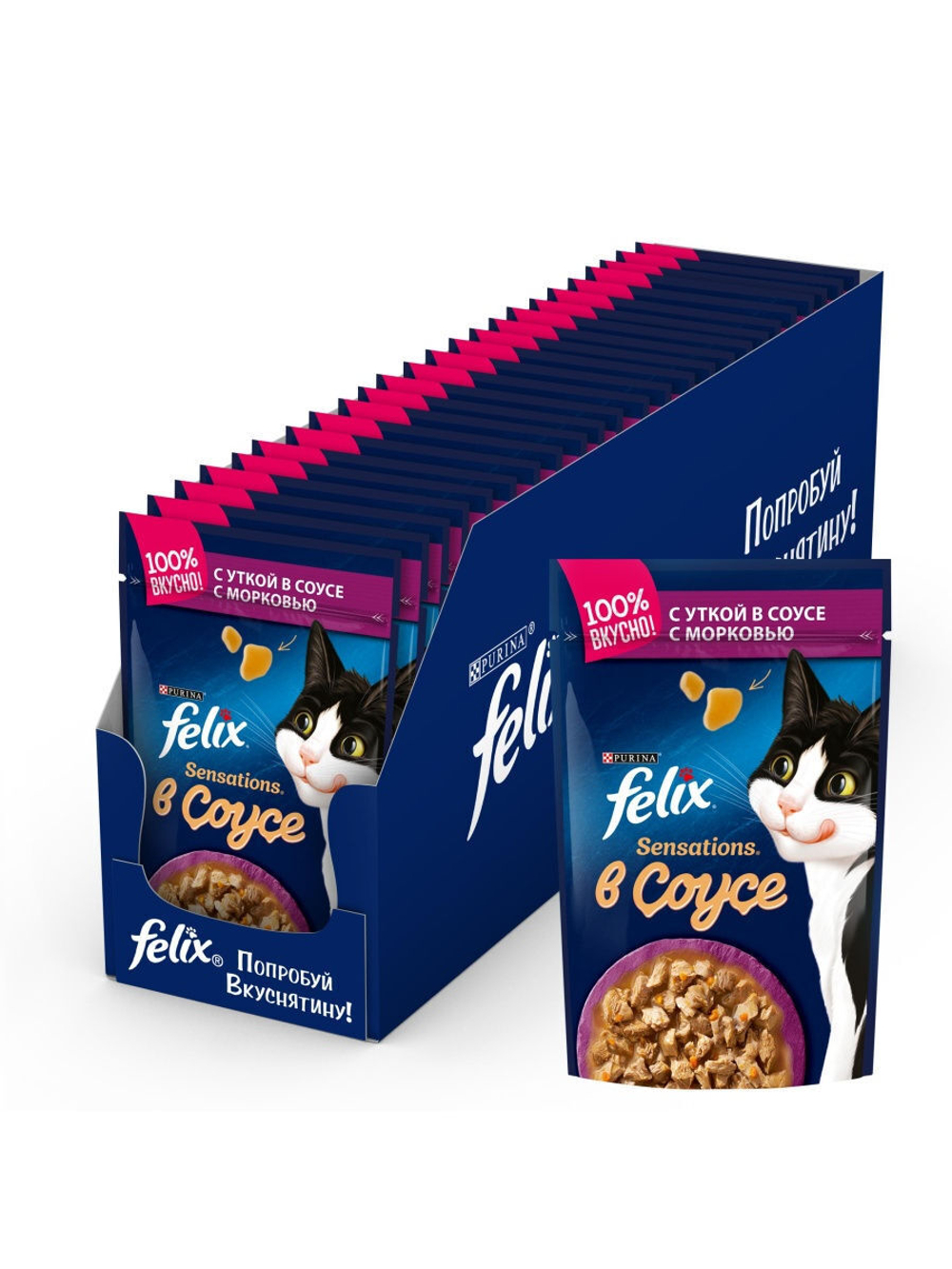Влажный корм Felix Sensations для кошек, утка в соусе с морковью, 26 шт x 85 г