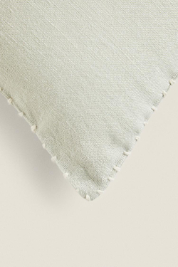ZARA HOME ОДНОТОННЫЙ ЛЬНЯНОЙ ЧЕХОЛ ДЛЯ ДЕКОРАТИВНОЙ ПОДУШКИ С КОНТРАСТНОЙ СТРОЧКОЙ, ЗЕЛЕНОВАТЫЙ