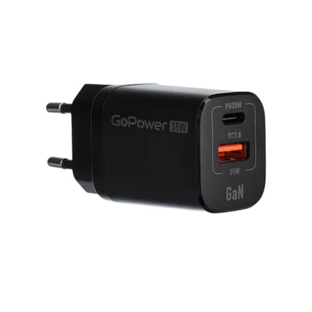 Зарядное устройство сетевое GoPower GPQC09 1USB+1Type-C 35W QC3.0 GaN черный