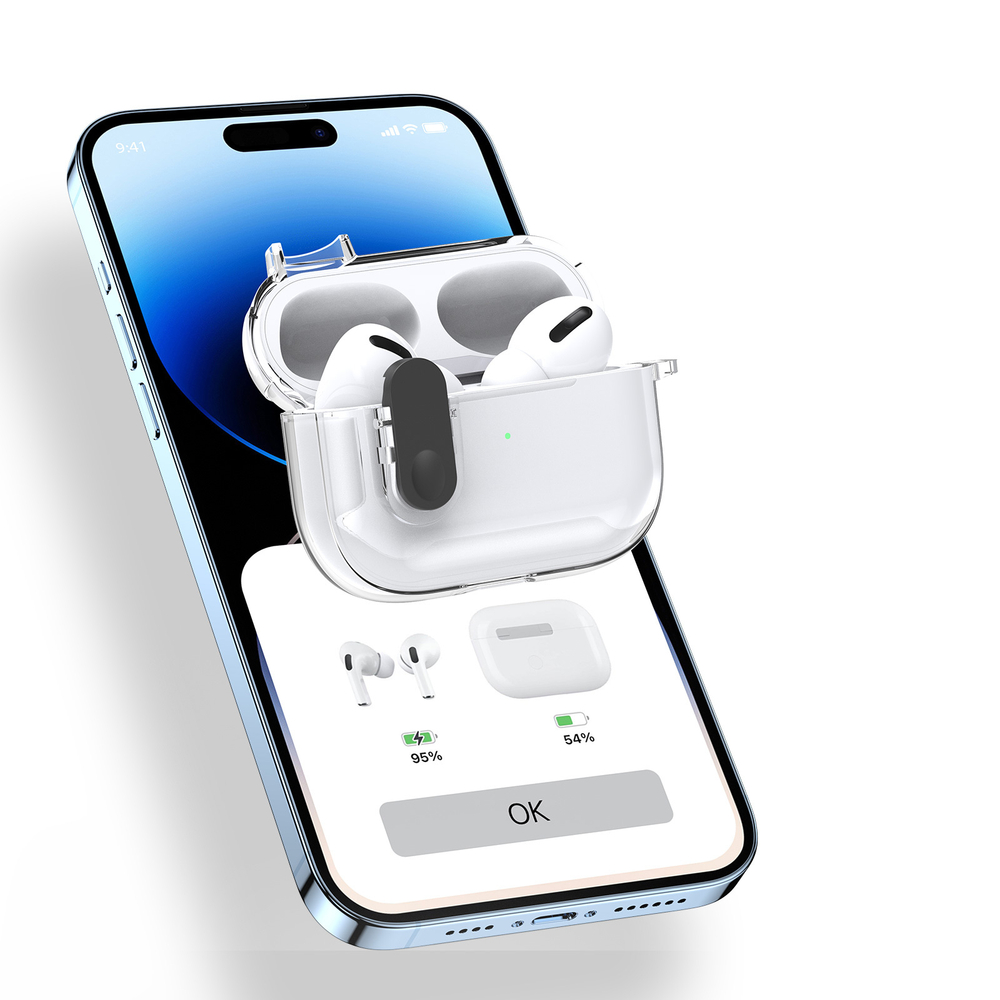 Прозрачный чехол с кнопкой черного цвета от Dux Ducis для наушников AirPods 4, серия PECL Series Case, в комплекте с карабином