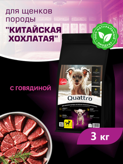 Корм сухой для щенков породы Китайская хохлатая, с говядиной, 3 кг, QUATTRO
