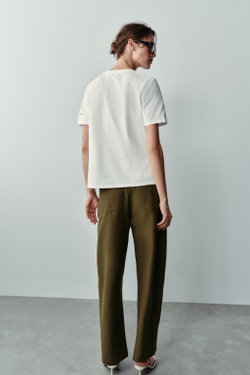 ZARA ФУТБОЛКА С РЕЛЬЕФНЫМ БАНТОМ, ЖЕЛТОВАТО-БЕЛЫЙ
