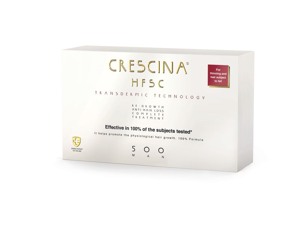 Crescina Transdermic HFSC 100% RE-GROWTH + ANTI-HAIR LOSS КОМПЛЕКС лосьон для возобновления роста волос + лосьон против выпадения волос для мужчин. Дозировка 500 / 10+10 ампул