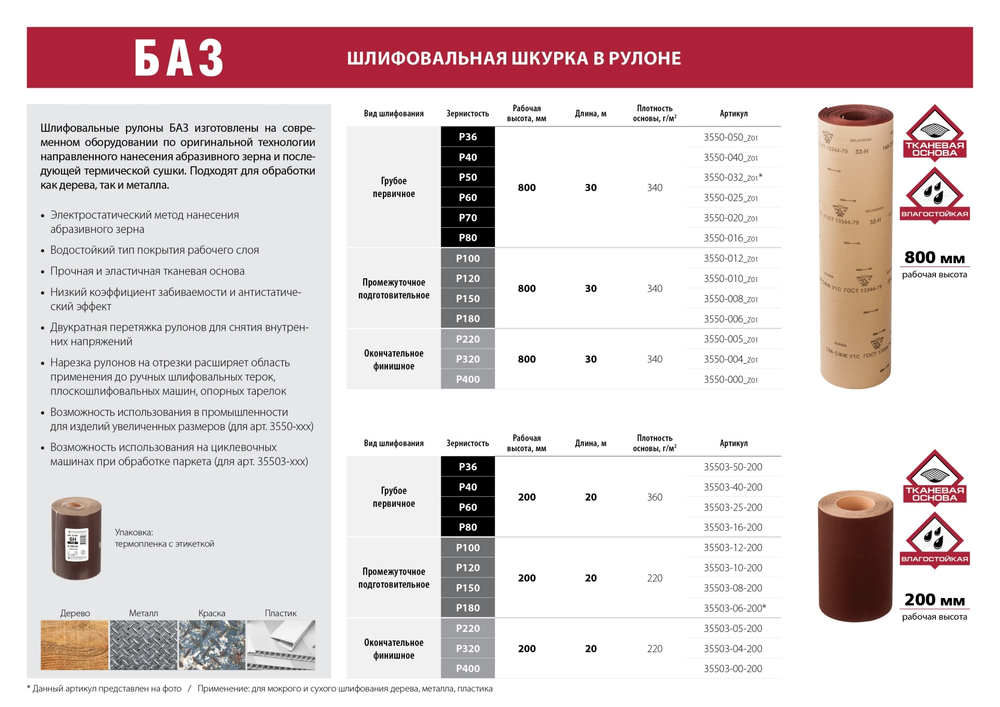 БАЗ 32-H (Р50), 800 мм, 30 м, водостойкий, шлифовальный рулон на тканевой основе (3550-032)