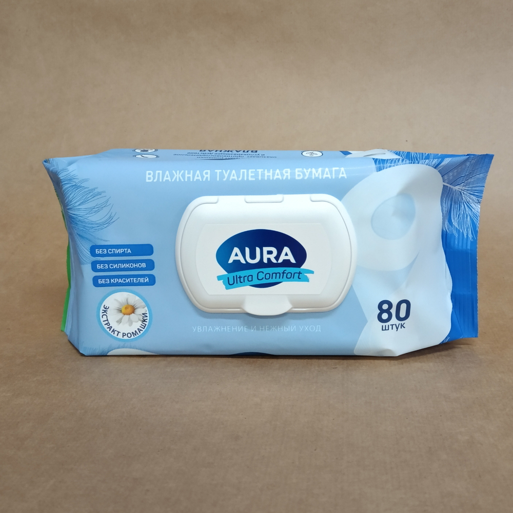 AURA ULTRA COMFORT Влажная туалетная бумага с крышкой 80 шт