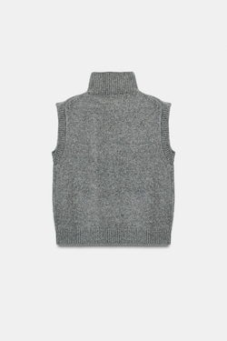 ZARA ТРИКОТАЖНЫЙ ЖИЛЕТ С ВОРОТНИКОМ-СТОЙКОЙ, СЕРЫЙ