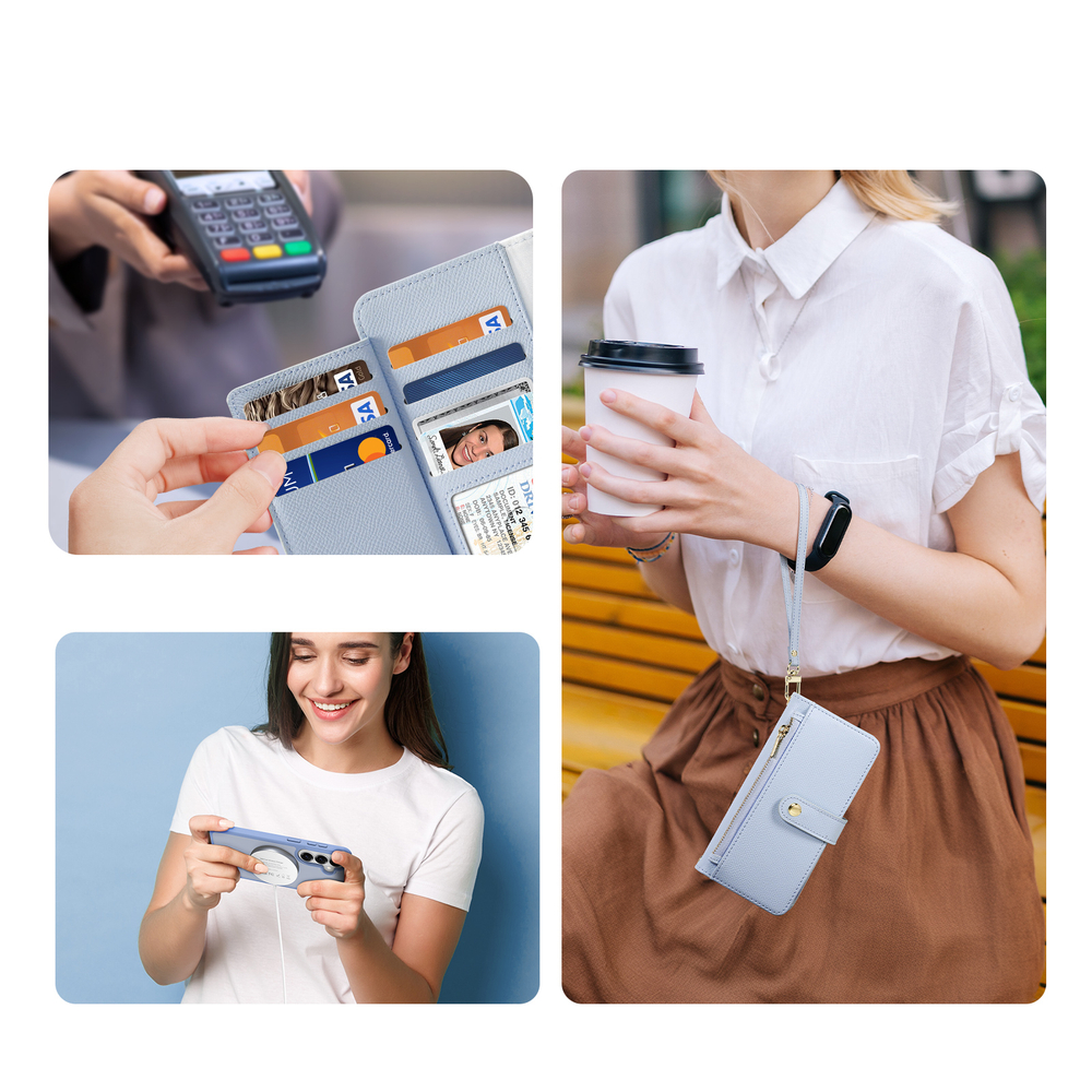 Чехол кошелек с MagSafe из кожи светло-синего цвета для Samsung Galaxy S26+ Плюс, серия Lawa Series от Dux Ducis