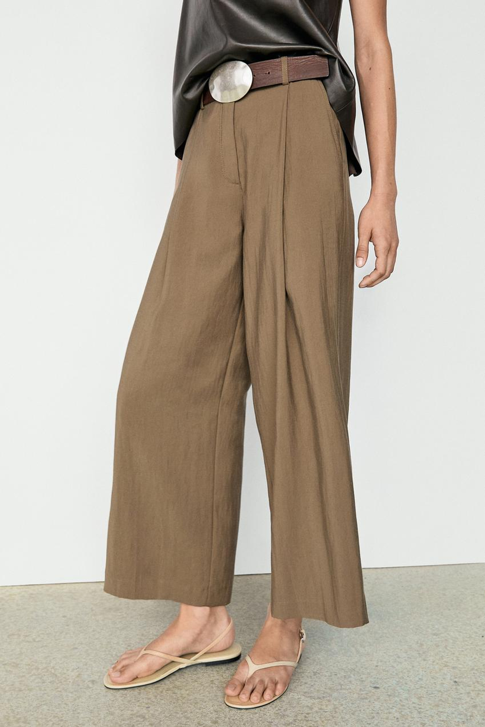 Massimo Dutti Драпированные укороченные широкие брюки, хаки