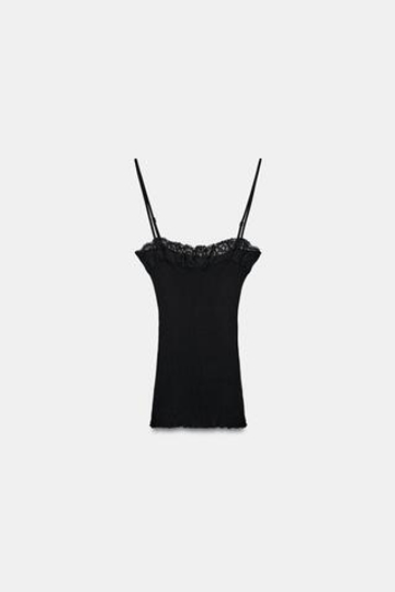ZARA КРУЖЕВНОЙ ТОП НА БРЕТЕЛЯХ, ЧЕРНЫЙ