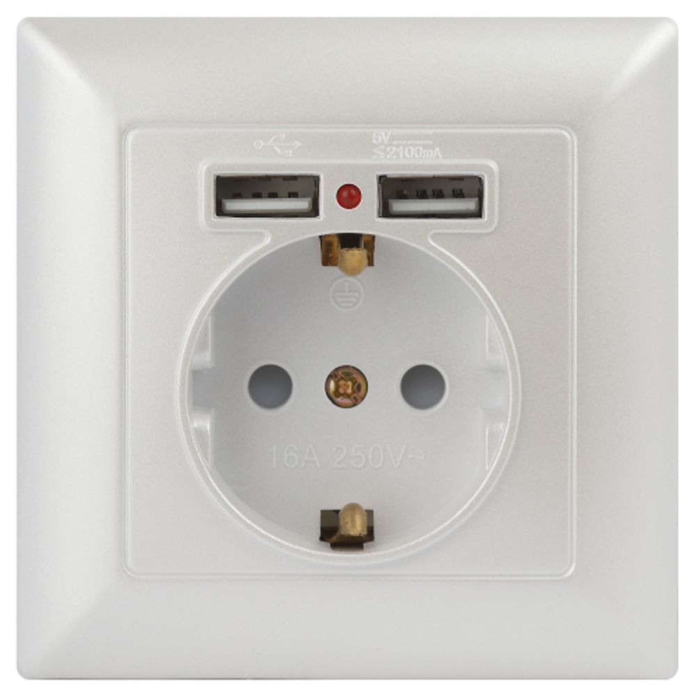 Розетка Intro Solo 4-410-06 с заземлением P+E Schuko со шторками 16А-250В + 2хUSB IP20 СУ перламутр | Intro Solo