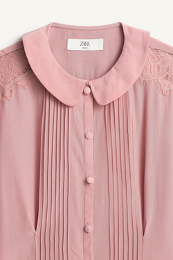 ZARA РУБАШКА С КРУЖЕВОМ - LIMITED EDITION, БЛЕДНО-РОЗОВЫЙ