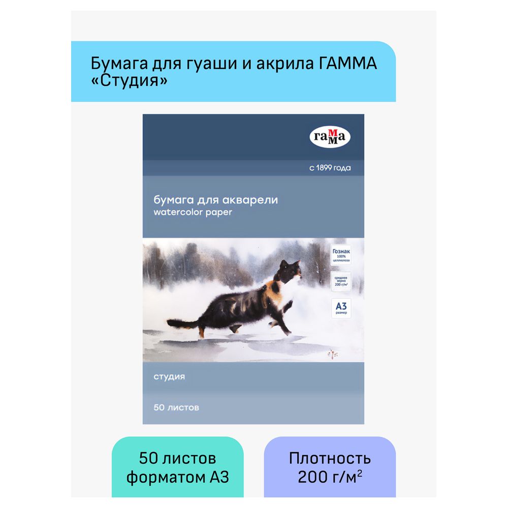Папка для акварели А3, 50л, 200гр/м, Гамма Студия, среднее зерно
