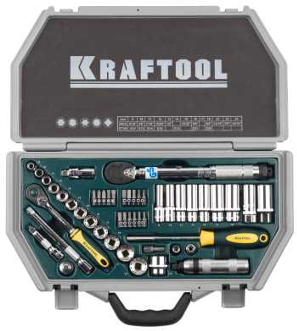 Набор торцовых головок KRAFTOOL "INDUSTRIE QUALITAT" (3/8") универсальный, Cr-V, пластиковый кейс, 49 предметов