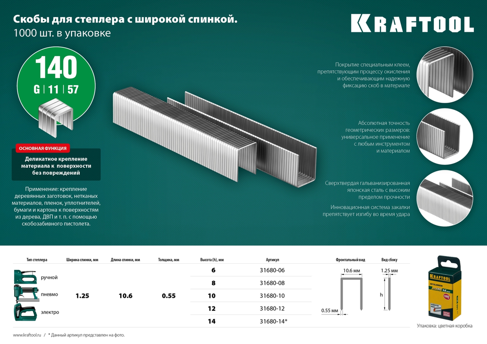 KRAFTOOL тип 140 (G/11/57) 12 мм, 1000 шт, калибр 20GA, скобы для степлера (31680-12)