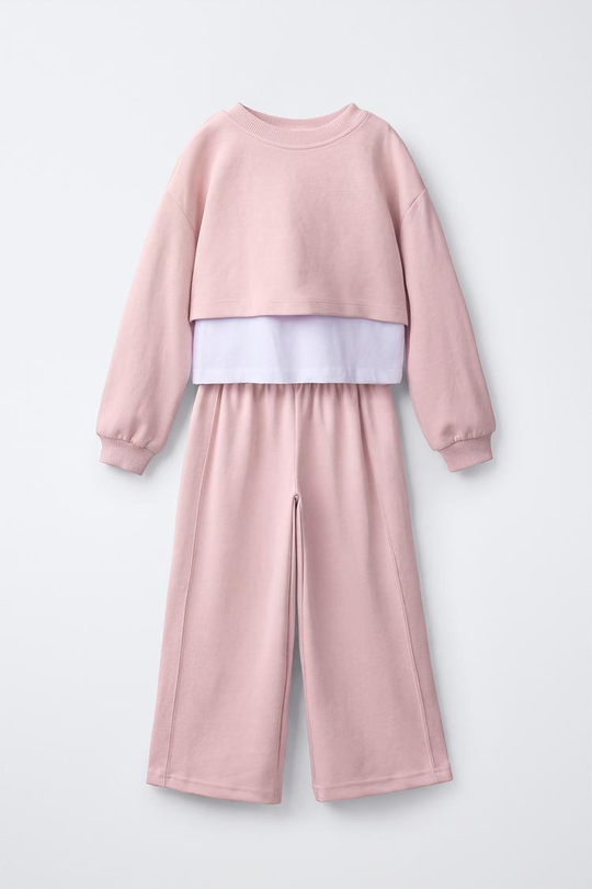 ZARA КОМПЛЕКТ ИЗ ТОЛСТОВКИ И БРЮК WIDE LEG, ЛИНЯЛЫЙ РОЗОВЫЙ
