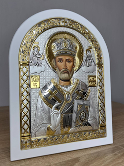 Николай Чудотворец, икона арочная, белое дерево 175х225 — детальный вид