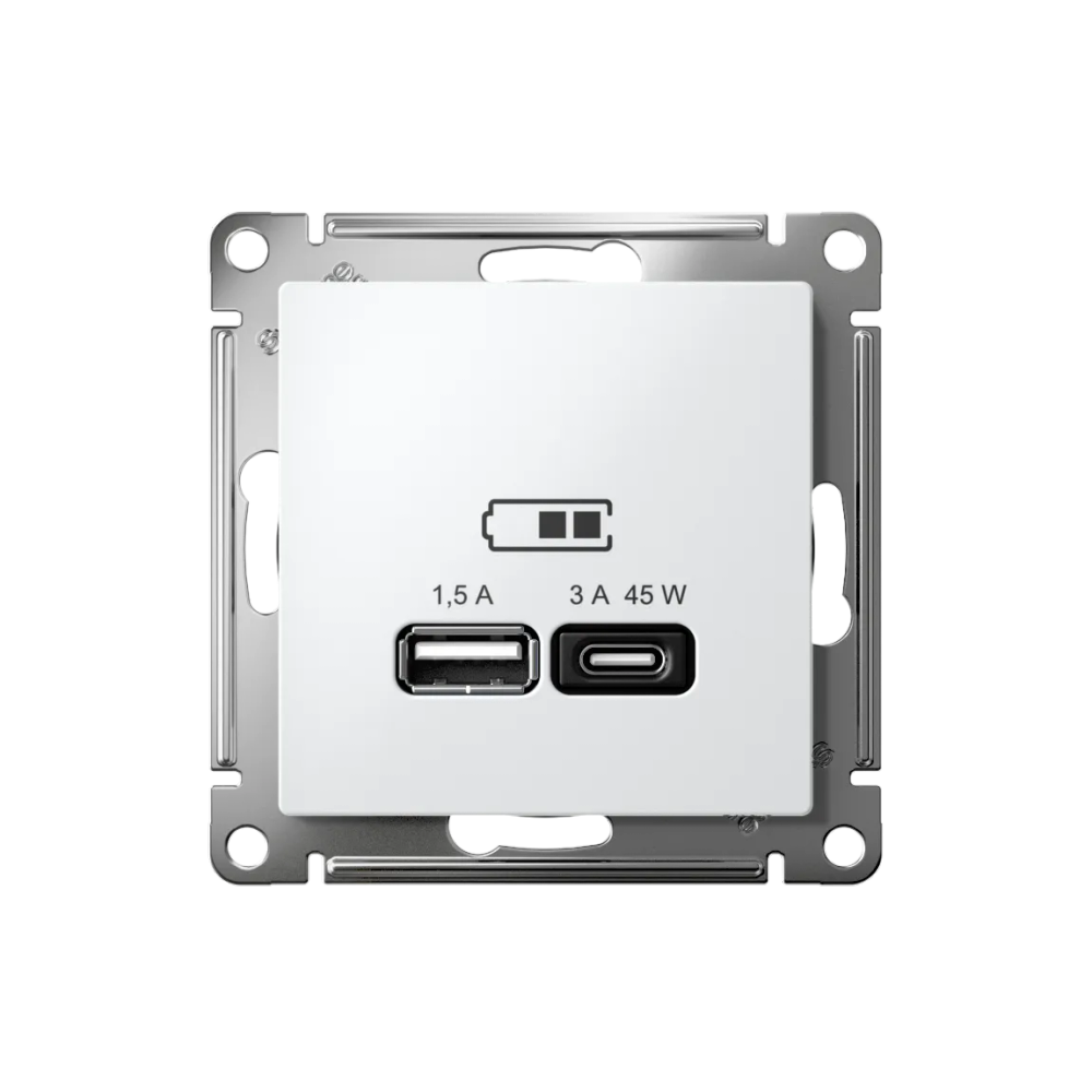 ATLASDESIGN USB РОЗЕТКА A + тип-C 45Вт высокоскор.заряд. QC, PD, механизм, БЕЛЫЙ