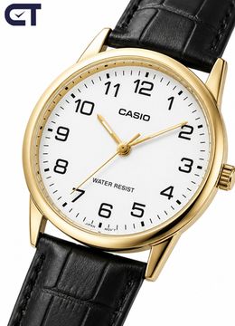 Casio MTP-V001GL-7B Standard часы наручные мужские — белый циферблат, золотистый корпус и кожаный ремешок