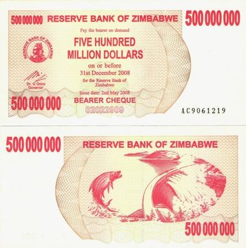 500 000 000 долларов 2008 Зимбабве (Bearer Cheque)