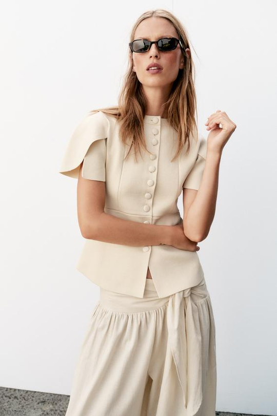 ZARA КАРДИГАН С ОБЪЕМНЫМИ РУКАВАМИ И РАЗРЕЗАМИ, ЭКРЮ