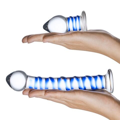 Набор из 2 стеклянных игрушек с синей спиралью Swirly Dildo & Buttplug Set (Цвет: прозрачный)