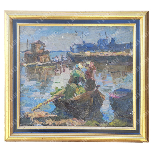 Динес Ю. С. Пристань на реке. Вечер. Двое в лодке. Холст, масло. 1943