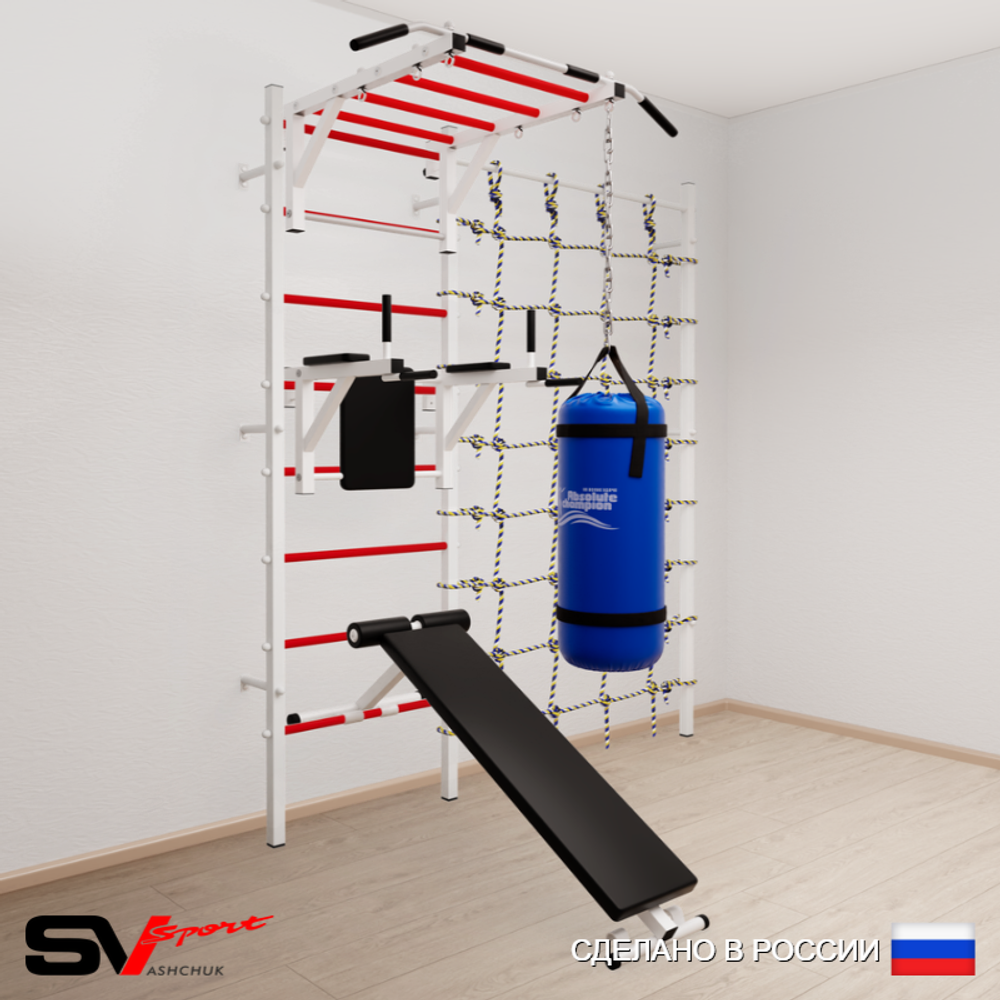 Шведская стенка Sv Sport усиленная 62410 (Турник рукоход/Брусья/Скамья/Цепь/Мешок 15кг/Канатный лаз)