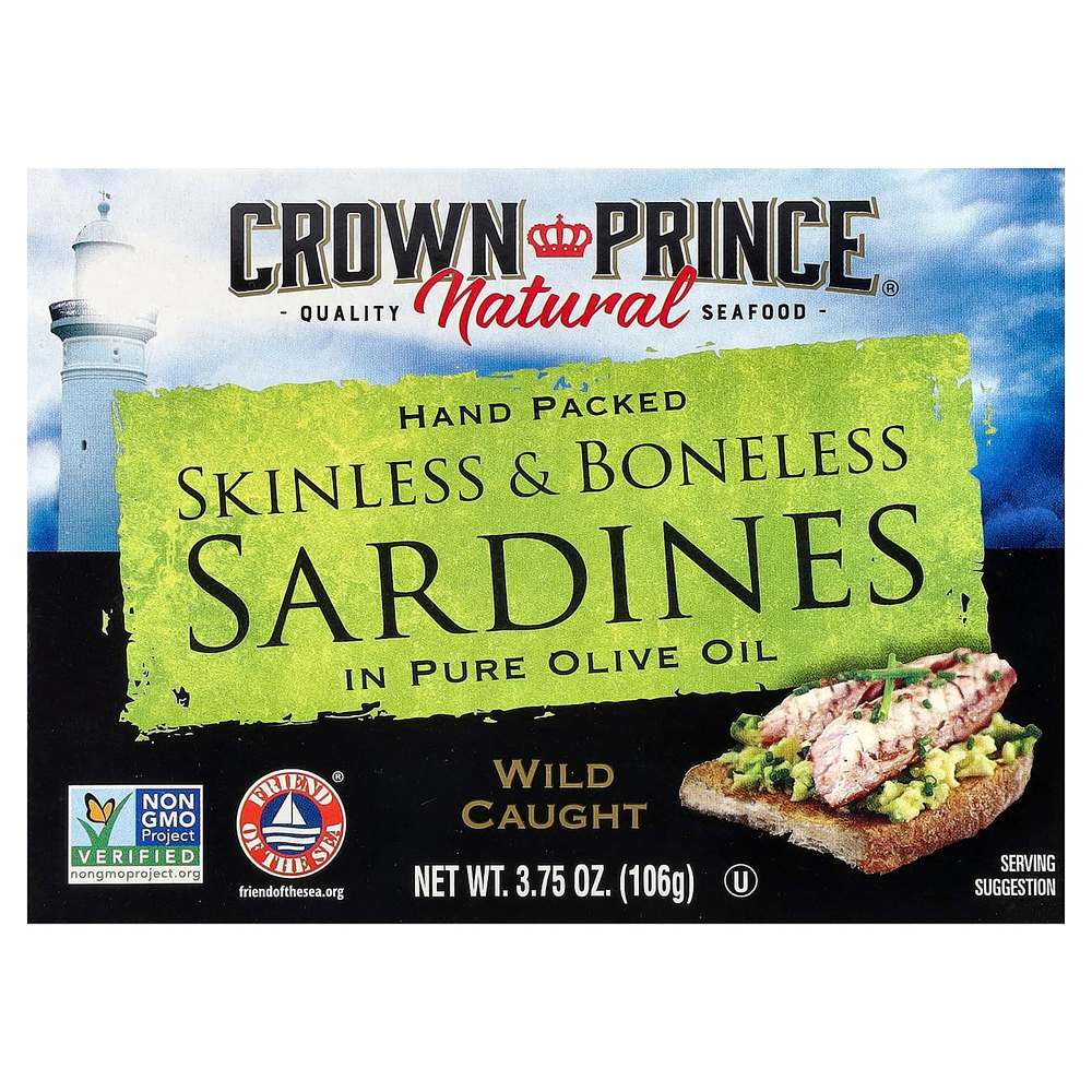 Crown Prince Natural, Сардины, очищенные от костей и кожи в чистом оливковом масле 3,75 унц. (106 г)