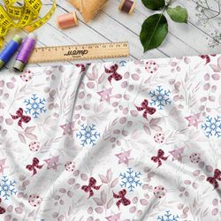 Ткань шифон красные листья, клетчатые банты и снежинки