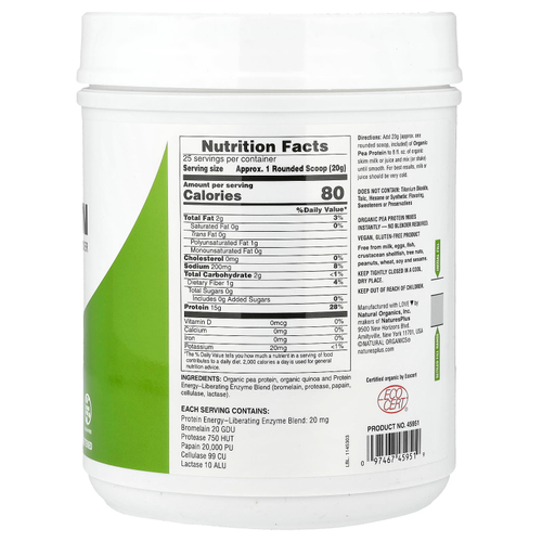 NaturesPlus, гороховый протеин, без добавок, 500 г (1,1 фунта)