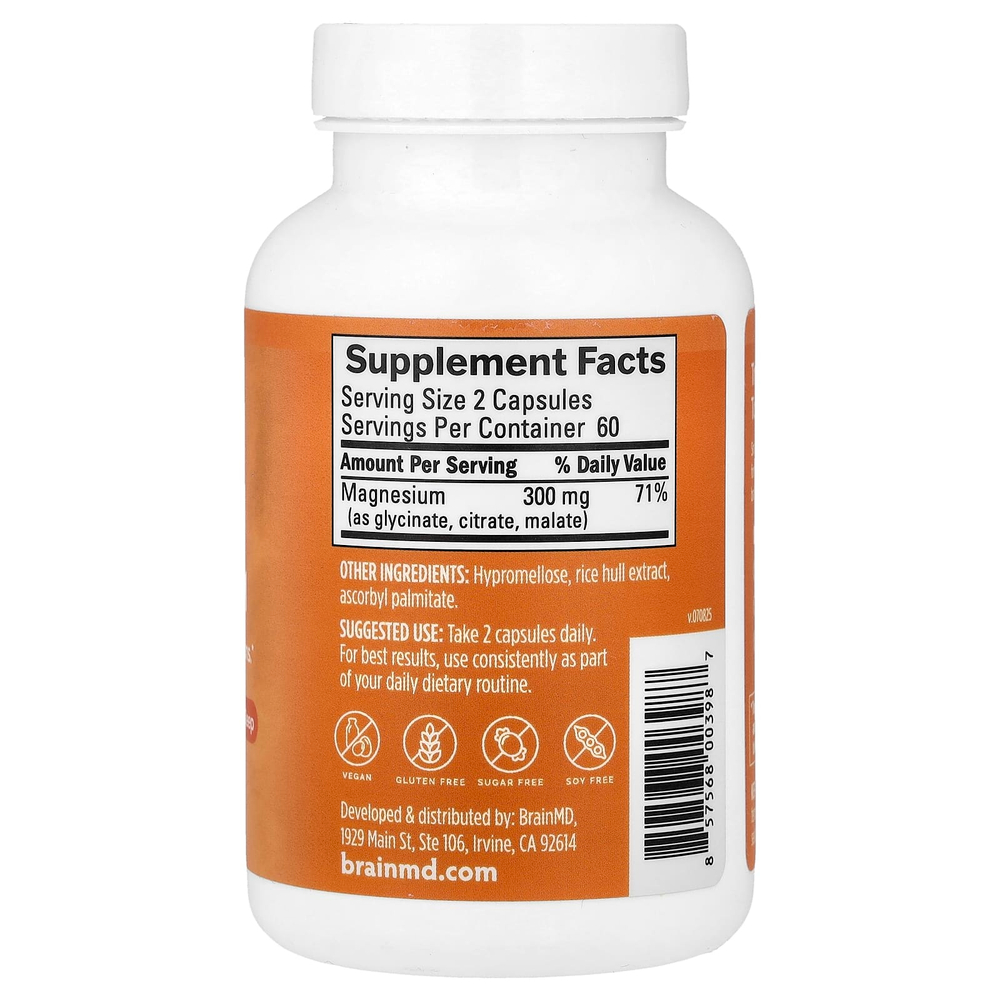BrainMD, Smart Magnesium, магний, 120 веганских капсул (150 мг в 1 капсуле)