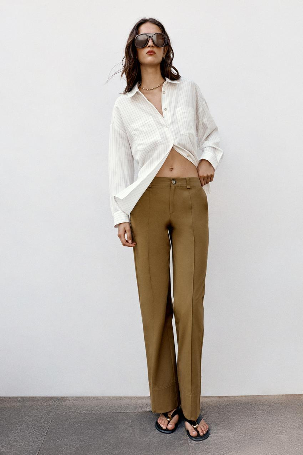 ZARA БРЮКИ BOOTCUT С ДЕКОРАТИВНОЙ СТРОЧКОЙ, ХАКИ