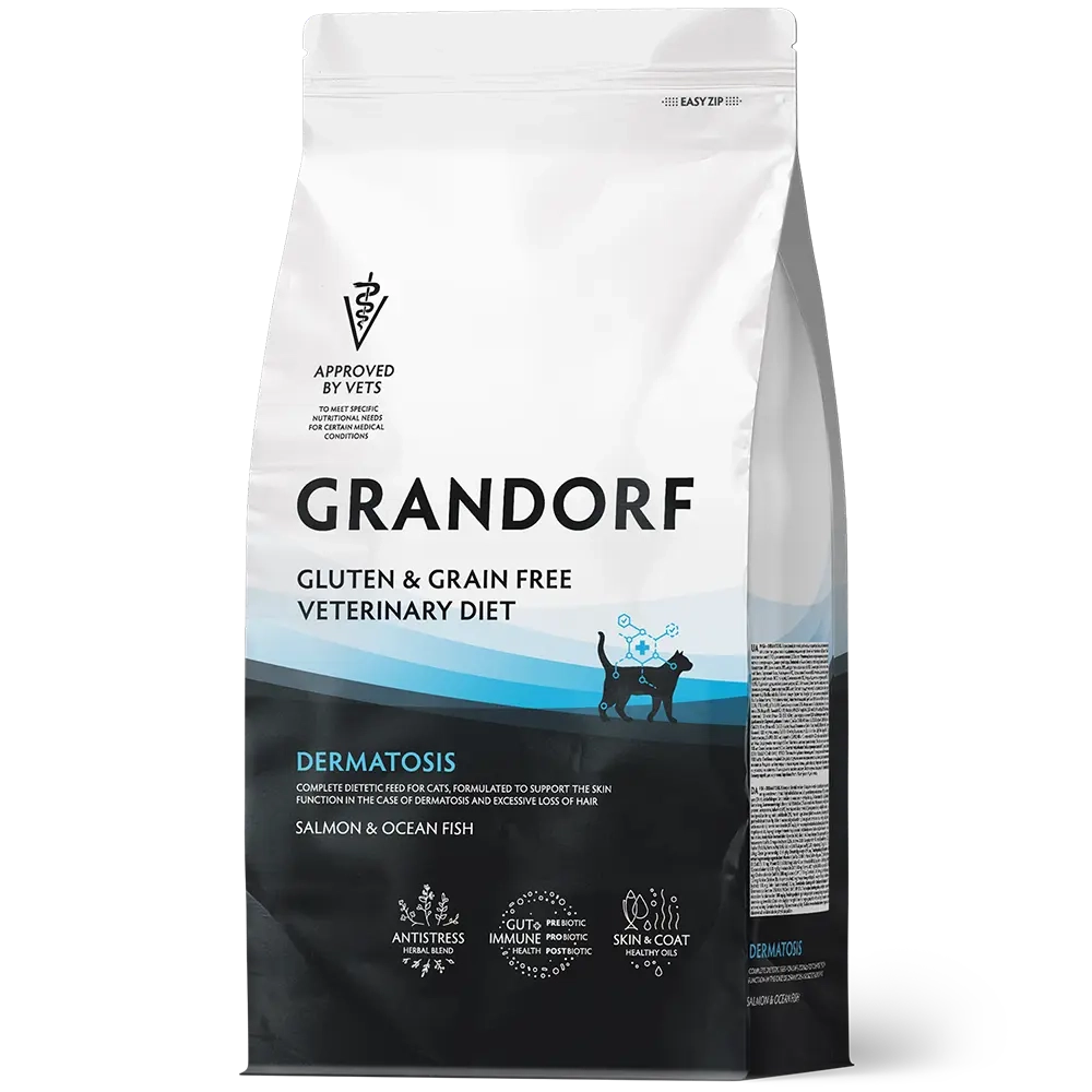 Сухой корм GRANDORF VETERINARY DIET Cat DERMATOSIS Полнорационный диетический корм для кошек с заболеваниями кожи, лосось 0,4кг