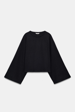 ZARA ХЛОПКОВАЯ ФУТБОЛКА С ШИРОКИМИ РУКАВАМИ, МОРСКОЙ СИНИЙ