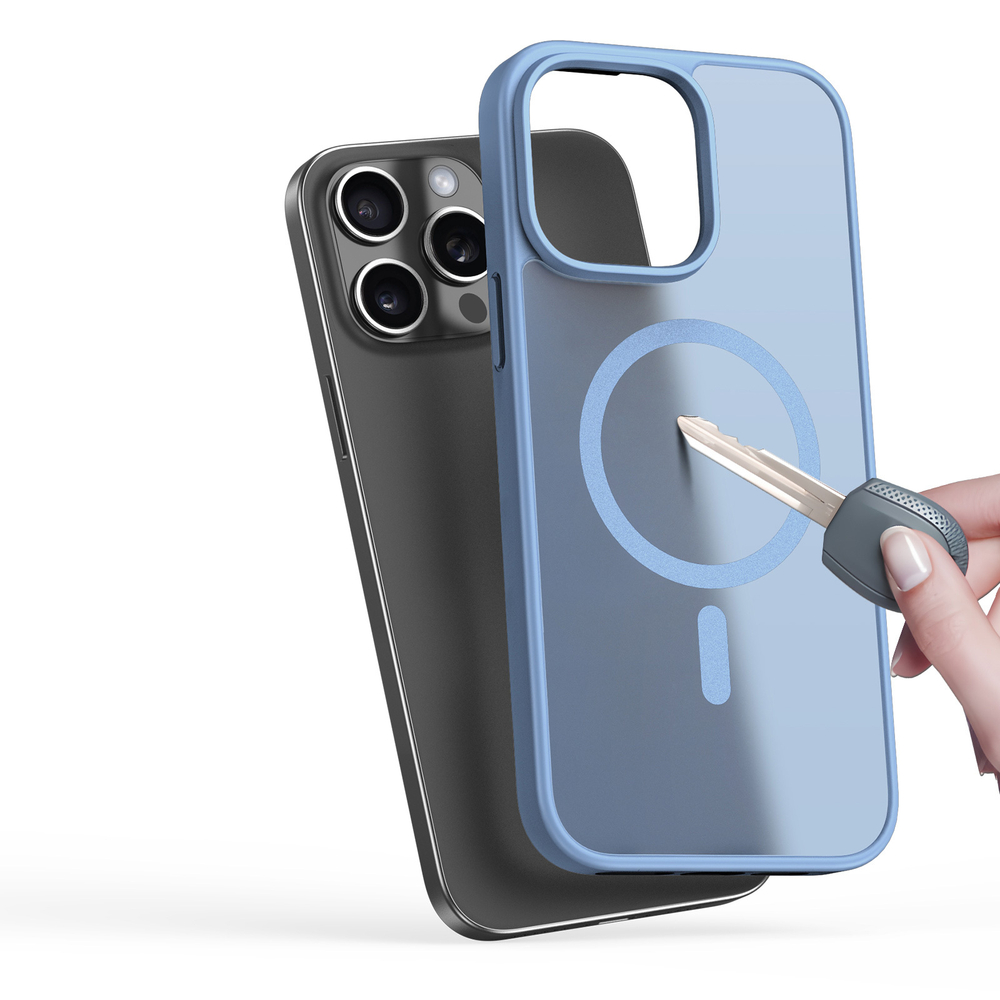 Прозрачный матовый чехол с синими рамками (Light Blue) и с MagSafe от Dux Ducis для iPhone 15 Pro, серия Yind Series Case
