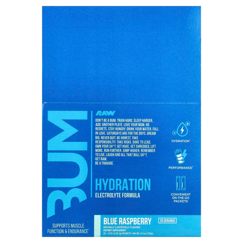 Raw Nutrition, Bum, Hydration, электролитная формула, со вкусом голубой малины, 20 пакетиков по 6,1 г (0,22 унции)