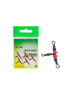Вертлюжок рыболовный Fish Crystal  на три направления (красная бусина) TRIPLE SWIVEL 1706 12х14 (5 упаковок)