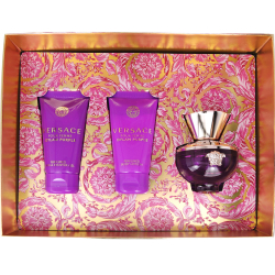 Versace Dylan Purple — парфюмерный набор для женщин с восхитительным цветочным принтом золотисто-пурпурного оттенка.