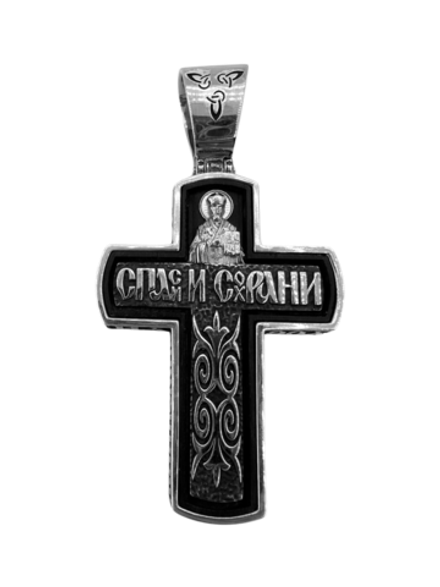 Крест деревянный с элементами серебра "Распятие.Святой Николай Чудотворец"