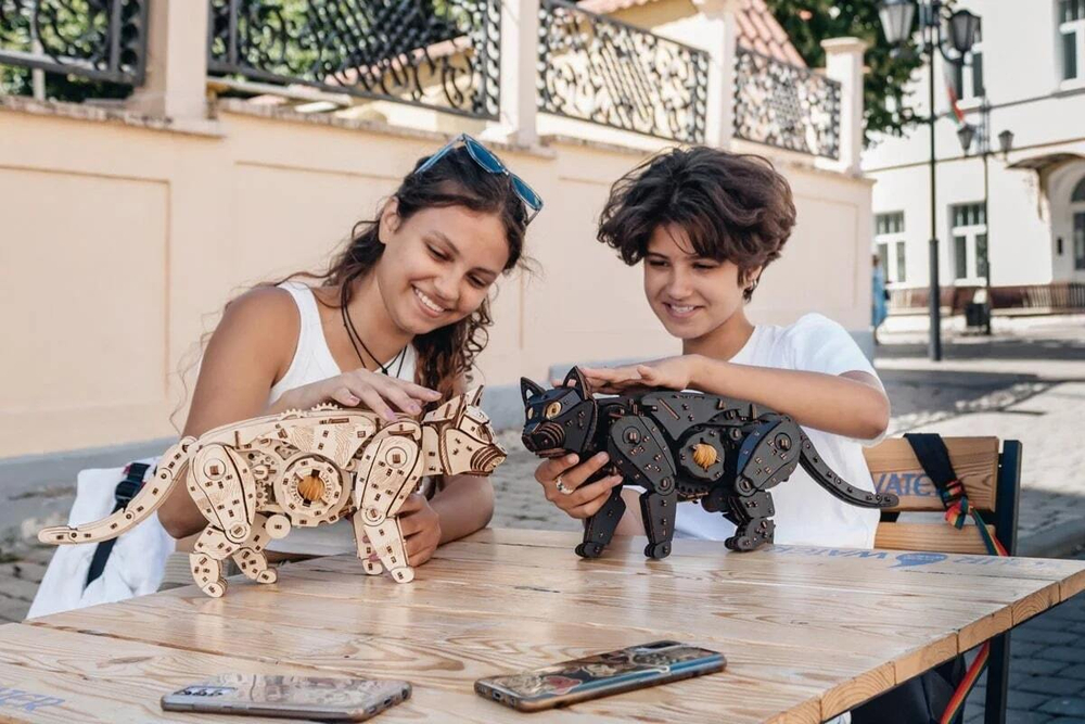 Механический Дикий Кот от Eco Wood Art (EWA) - Деревянный конструктор, сборная механическая модель, 3D Пазл