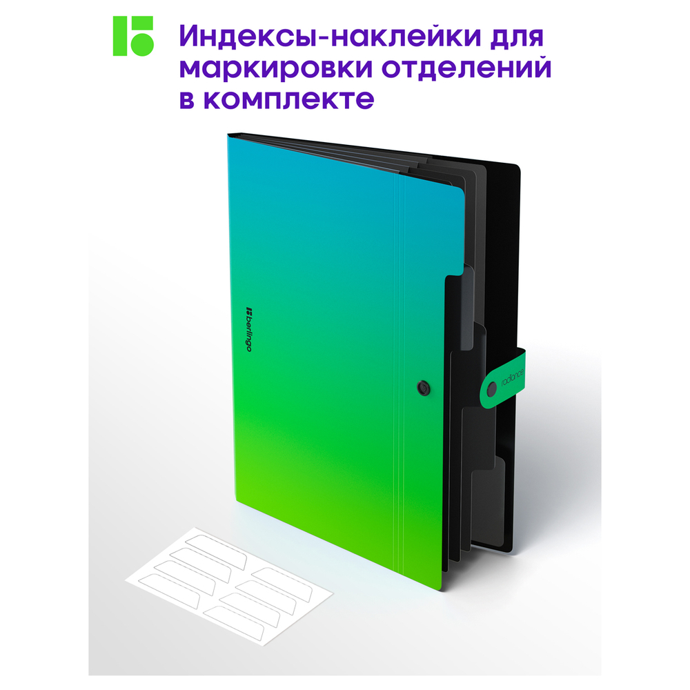 Папка 5 отделений Berlingo "Radiance", А4, 600мкм, на кнопке, голубой/зеленый градиент