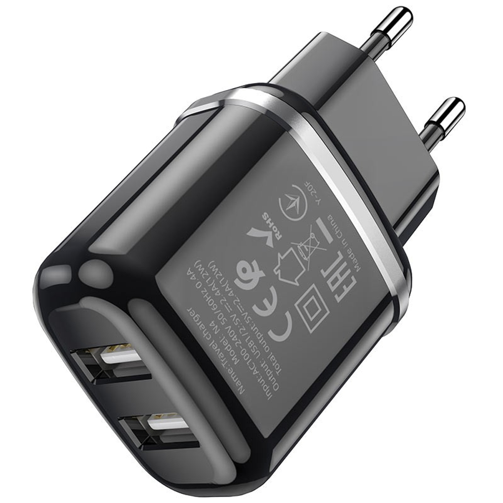 Сетевое зар. устр. Hoco N4 с шнуром Type-С 2USB 2.4A черное